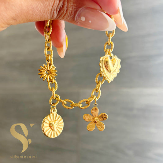 Pulsera charms flor, corazón
