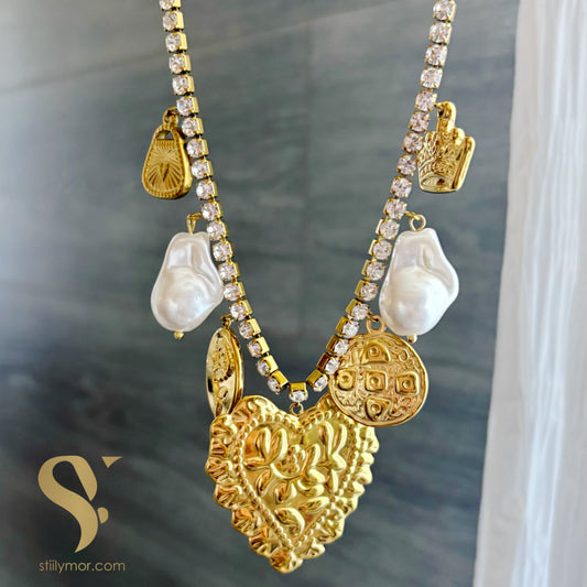 Collar tenis multi charm corazón y perla