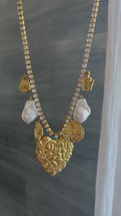 Collar tenis multi charm corazón y perla